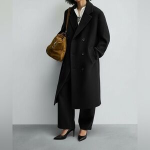 Zara Double-Breasted Wool Blend Oversized Coat in Black Size Large
